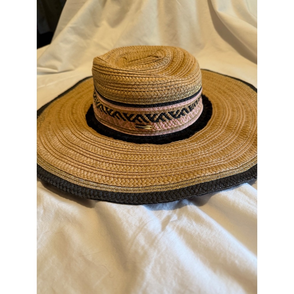 Steve Madden Womens Wide Brim Straw Sun Hat Tan Black Pink Gold Metallic OS